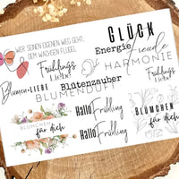 Frühling Rub On UV Sticker von easy-sticks mit verschiedenen floralen Designs und Sprüchen für kreative DIY Projekte, randlos gestaltet.