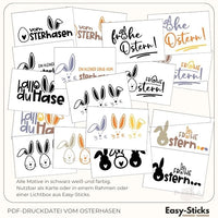Vielzahl an Motivkarten für Ostern in schwarz, weiß und bunt von Easy-Sticks. Diese PDF-Druckdatei bietet 9 kreative Designs für Laternen, Lichtboxen und Karten, ideal für Ihre Bastelprojekte.