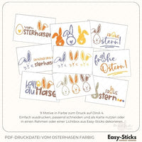 Bunte Ostermotive von Easy-Sticks für Frühlingsdekorationen. Die PDF-Druckdatei beinhaltet 9 farbenfrohe Designs für Ihre Osterkarten und Lichtboxen.