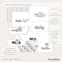 Kreative PDF Druckvorlage "Meer" von Easy-Sticks mit 7 vielseitigen Motiven für Bastelprojekte. Ideal für Laternen, Lichtboxen und Dekorationen. Entdecke Sprüche wie "Lust auf Meer" und "Moin" in stilvollem schwarz-weiß.