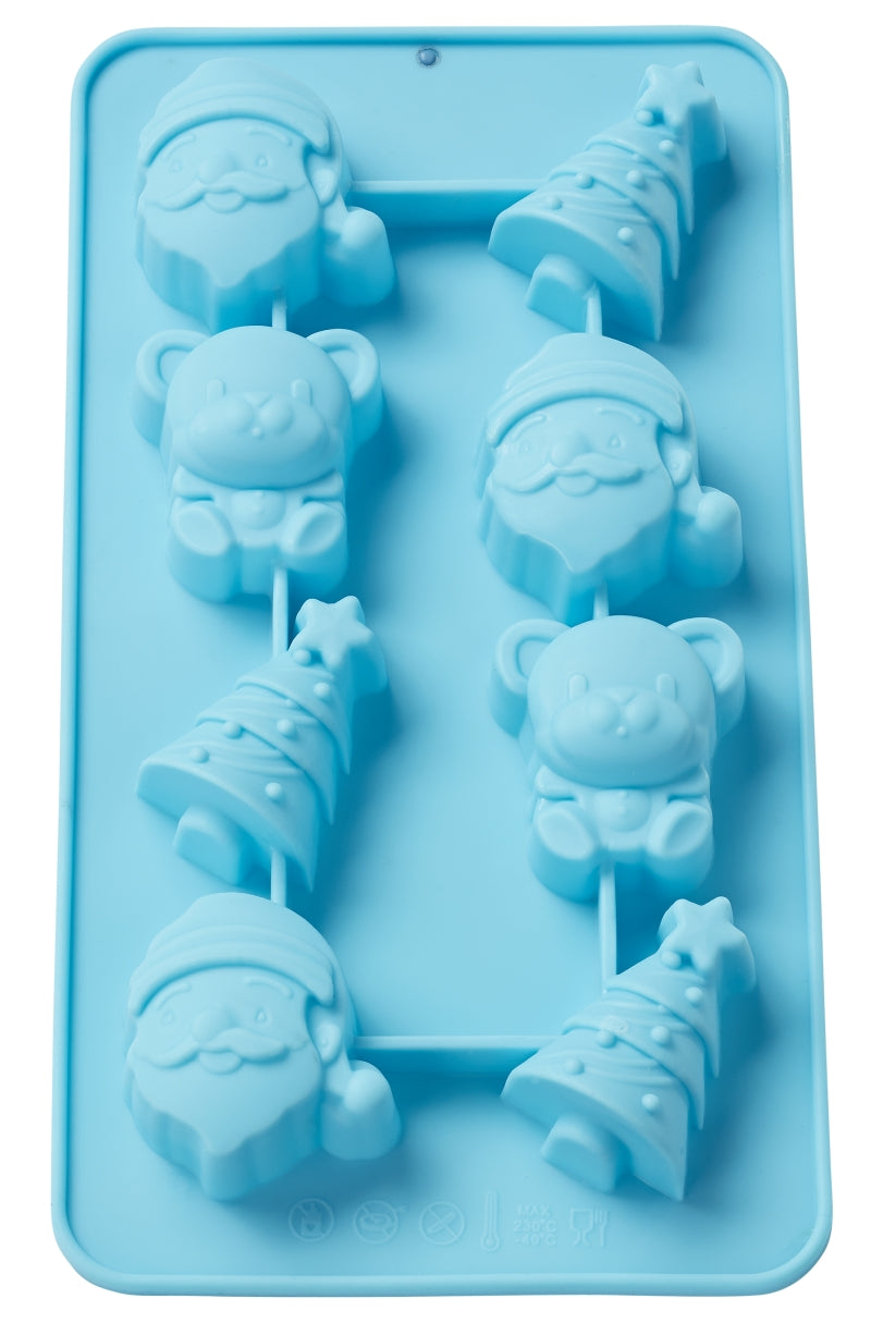 Weihnachtliche Silikonform von easy-sticks mit kleinen Weihnachtsmotiven wie Santa Claus, Tannenbaum und Bär, ideal für DIY-Projekte und handgefertigte Geschenke. Silikonform kleine Weihnachtsmotive.