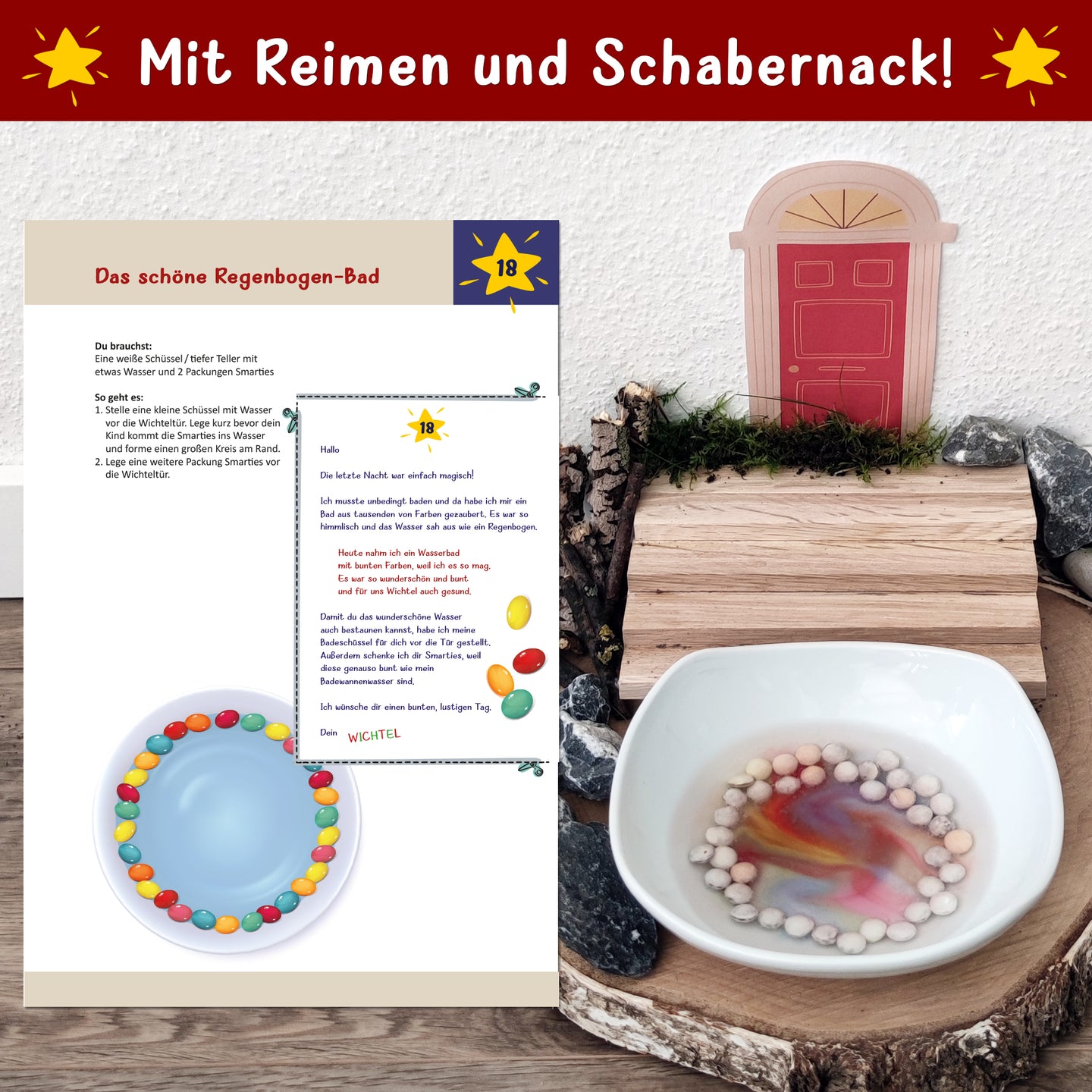 Wichtelabenteuer mit easy-sticks: Spaßige Wichtelbriefe für das 2. Jahr, inklusive einer Anleitung für das bunte Regenbogen-Bad und entsprechenden Materialien zur Förderung der Kreativität.