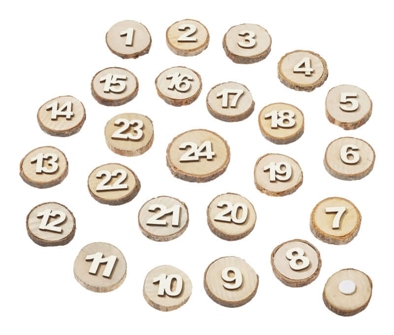 Adventszahlen Holzscheiben in Creme von easy-sticks: Dekorative Zahlen auf natürlichen Holzscheiben für kreative Adventskalendergestaltung. Ideal für jede Weihnachtsdekoration.
