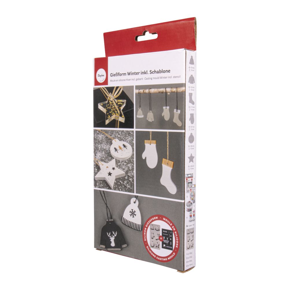 Verpackung der Silikon-Gießform Winter inkl. Schablone von easy-sticks, zeigt kreative Anwendungsmöglichkeiten für festliche Dekoration.