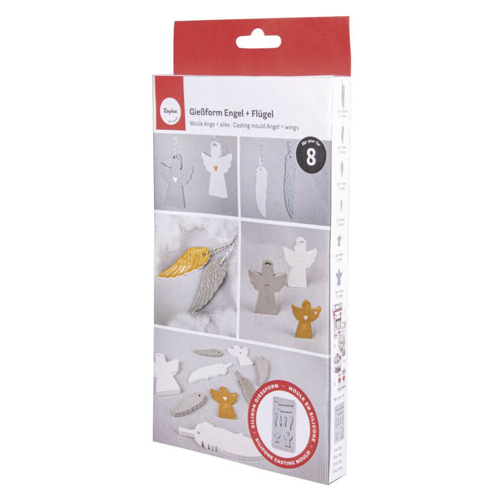 Silikon-Gießform Engel + Flügel von easy-sticks, Verpackung mit verschiedenen Gießformen für Engel und Federn, ideal für kreative Bastelprojekte.