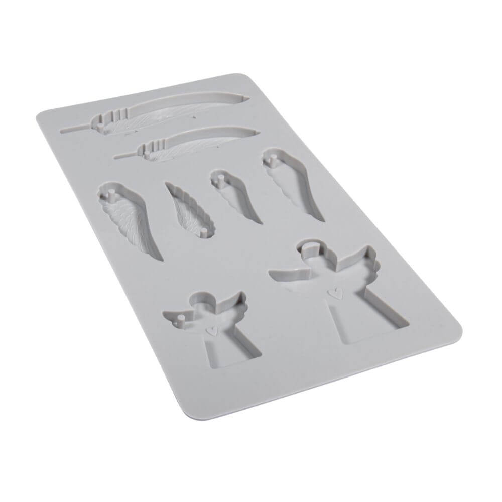 Detaillierte Silikonform mit Engel- und Feder-Motiven, perfekt geeignet für kreative Bastelideen und Dekorationen, erhältlich bei easy-sticks unter dem Titel Rayher Silikon Gießform Engel + Flügel.