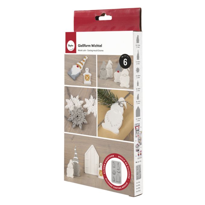 Pflegeleichte Silikon Gießform Wichtel von easy-sticks mit festlichen Figuren und winterlicher Deko für DIY-Projekte, 6 Formen auf der Verpackung.