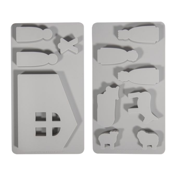 Zwei teilige Silikon Gießform Krippe von easy-sticks mit 11 Motiven, einschließlich Krippe und Figuren, perfekt für das Gießen von modernen Weihnachtskrippen aus verschiedenen Materialien.