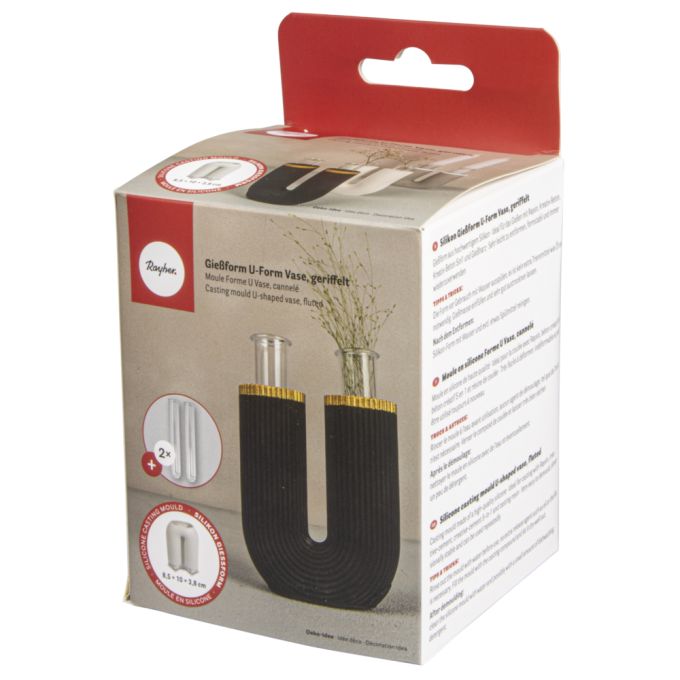 Verpackung der Silikonform von Easy-Sticks - Vase U-Form geriffelt mit 2 Reagenzgläsern, zeigt kreatives Design für DIY-Projekte.