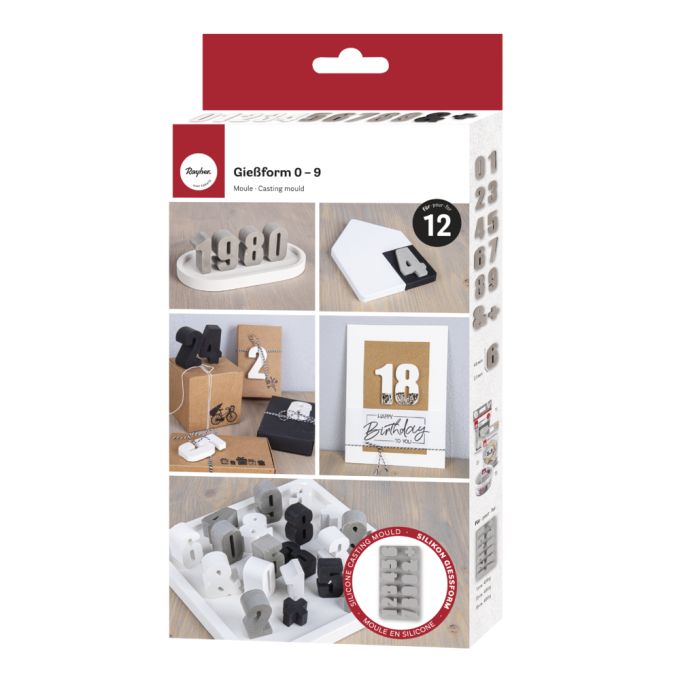 Silikon Gießform 0-9 von easy-sticks mit verschiedenen Zahlen-Deko-Accessoires, ideal für Geburtstags- und Hochzeitstagsprojekte.