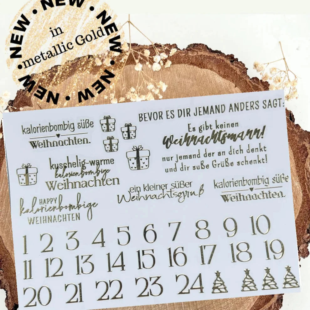 Goldene Adventszahlen Sticker von easy-sticks: Ein kreatives Set an Randlosen Rub On UV Aufklebern für Weihnachten in metallic Gold, ideal zur Gestaltung von Adventskalendern.