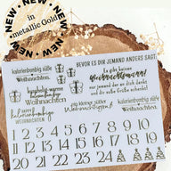 Goldene Adventszahlen Sticker von easy-sticks: Ein kreatives Set an Randlosen Rub On UV Aufklebern für Weihnachten in metallic Gold, ideal zur Gestaltung von Adventskalendern.