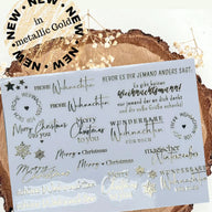 Goldene Rub On Sticker Weihnachten von easy-sticks, metallische Designs in Gold und Schwarz mit Weihnachtsmotiven und freundlichen Sprüchen auf A5. Perfekt für DIY-Projekte und festliche Bastelideen.