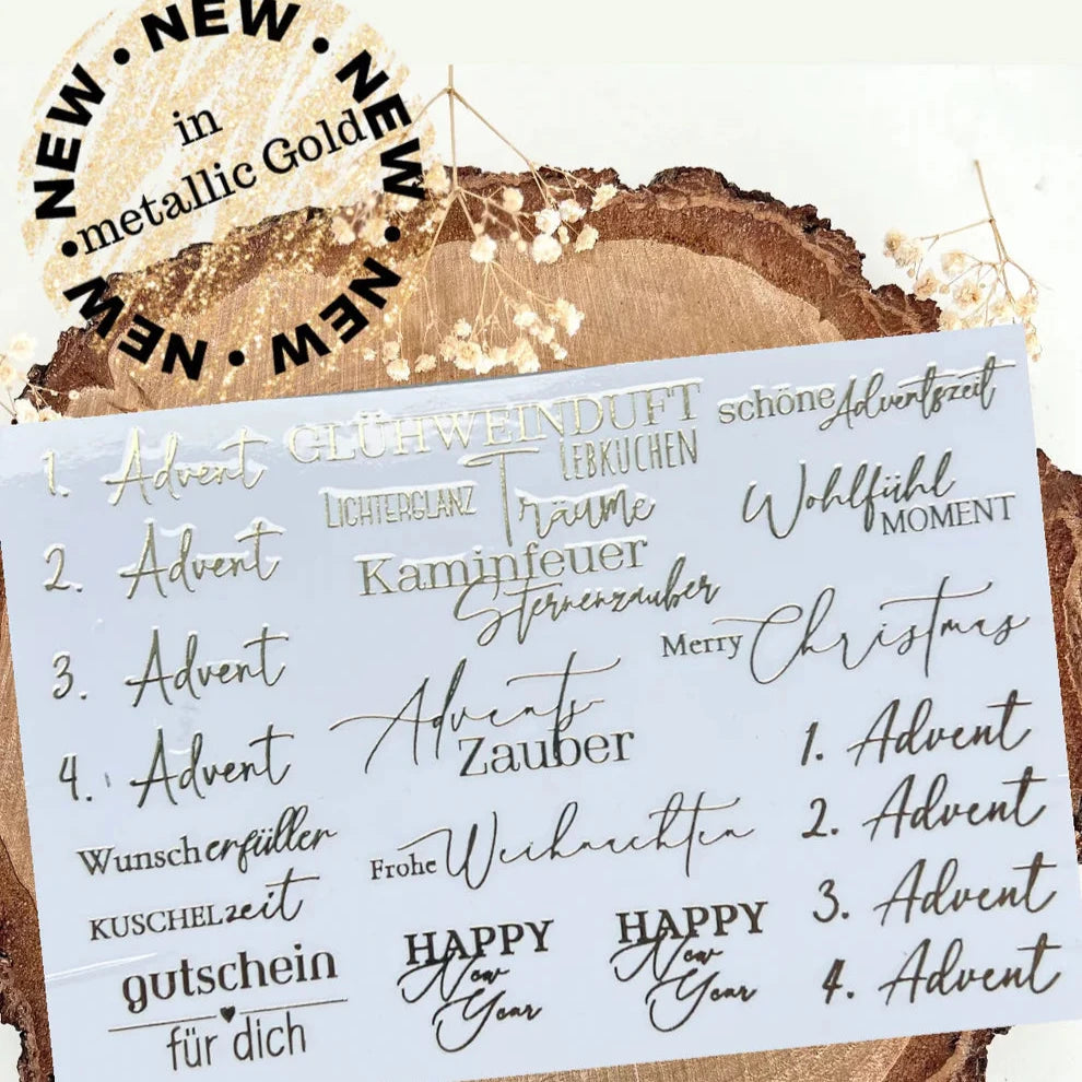 Goldene Advent Sticker von easy-sticks - randlos, hochauflösend, wetterfest, mit motivierenden Weihnachtssprüchen für kreative Dekorationen und Geschenkideen.