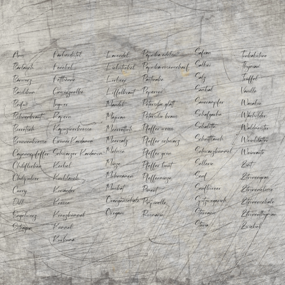 Detailansicht der "89 Gewürze A-Z" Laserdatei von easy-sticks, die eine stilvolle Illustration von Gewürznamen in elegantem Schriftzug zeigt. Ideal für kreative Projekte im Bereich DIY und Handwerk.