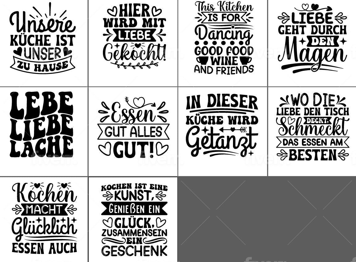 Kreative Küchen-Dekoration mit 10 einzigartigen Sprüchen zum Plottieren von easy-sticks - Unsere Küche ist unser Zuhause, Hier wird mit Liebe gekocht, Leben Liebe Lache, Essen gut alles gut, In dieser Küche wird getanzt, Liebe geht durch den Magen, und mehr.