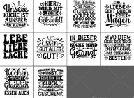 Kreative Küchen-Dekoration mit 10 einzigartigen Sprüchen zum Plottieren von easy-sticks - Unsere Küche ist unser Zuhause, Hier wird mit Liebe gekocht, Leben Liebe Lache, Essen gut alles gut, In dieser Küche wird getanzt, Liebe geht durch den Magen, und mehr.