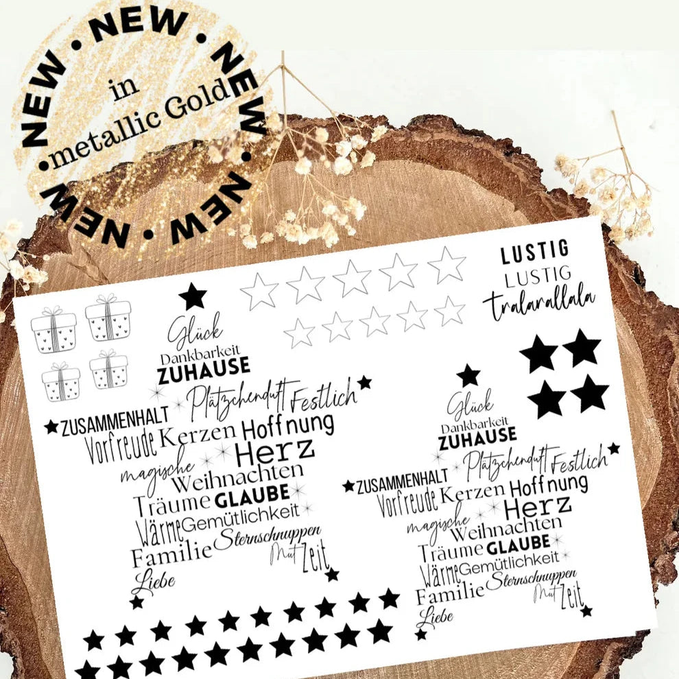 Goldene Weihnachts Aufkleber Rub On von easy-sticks, metallische Designs mit Sternen und weihnachtlichen Motiven in Hochauflösung auf schwarzem Hintergrund.