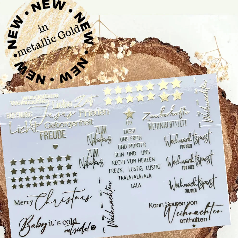 Goldene Weihnacht Rub Ons von easy-sticks, metallic gold Sticker auf A5-Bogen, ideal für Scrapbooking und kreative Bastelprojekte. Wetterfest und kratzfest für langlebige Designs.