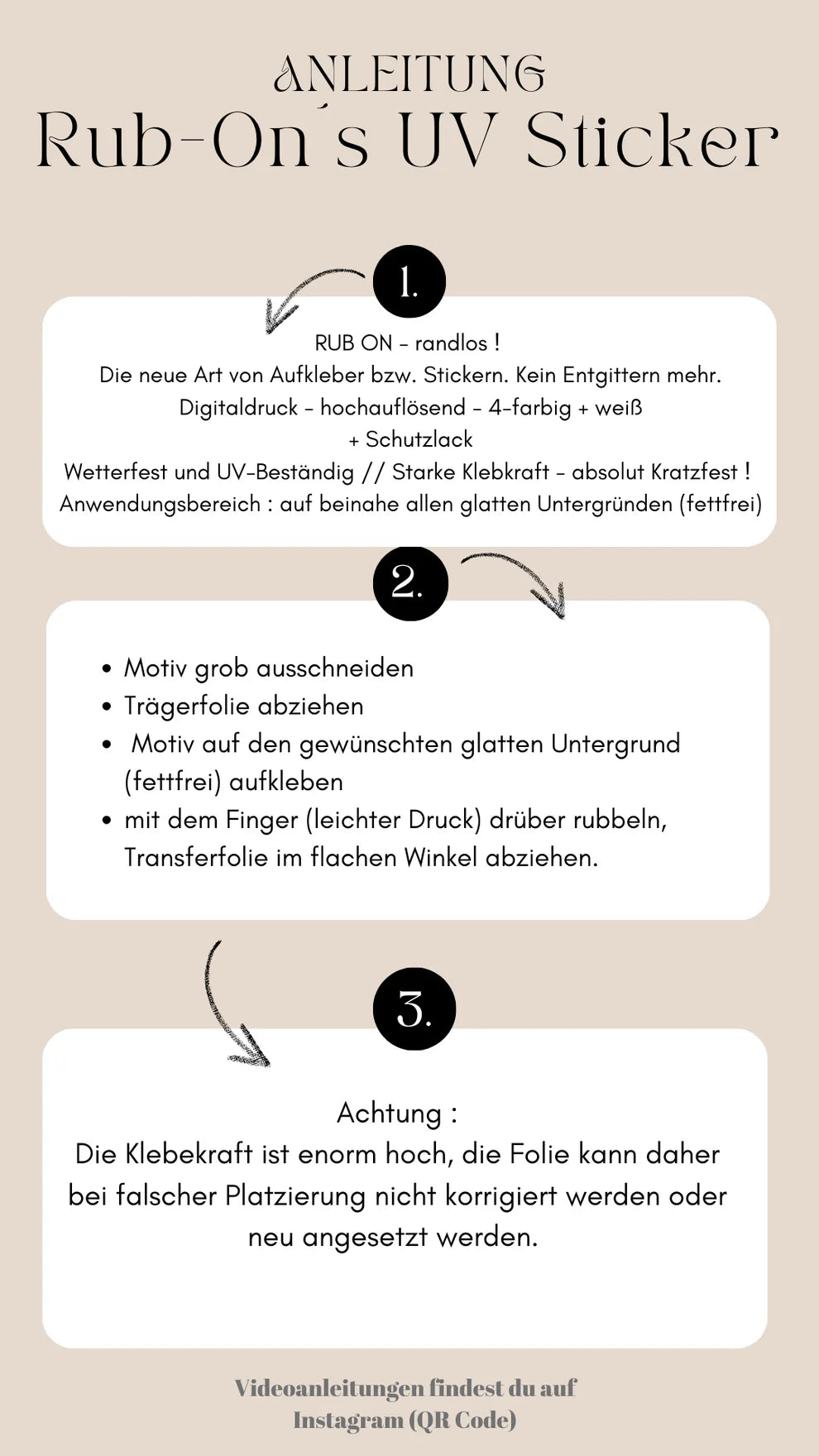 Anleitung zu den RUB ON UV Stickern von easy-sticks, die eine einfache Anwendung versprechen und kreative Gestaltung ermöglichen.