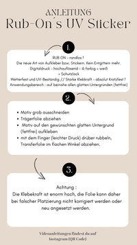 Anleitung für Rub-On UV Sticker von easy-sticks, die ze-step-by-step zur Anwendung und den Vorteilen der wandlosen Aufkleber erklärt.