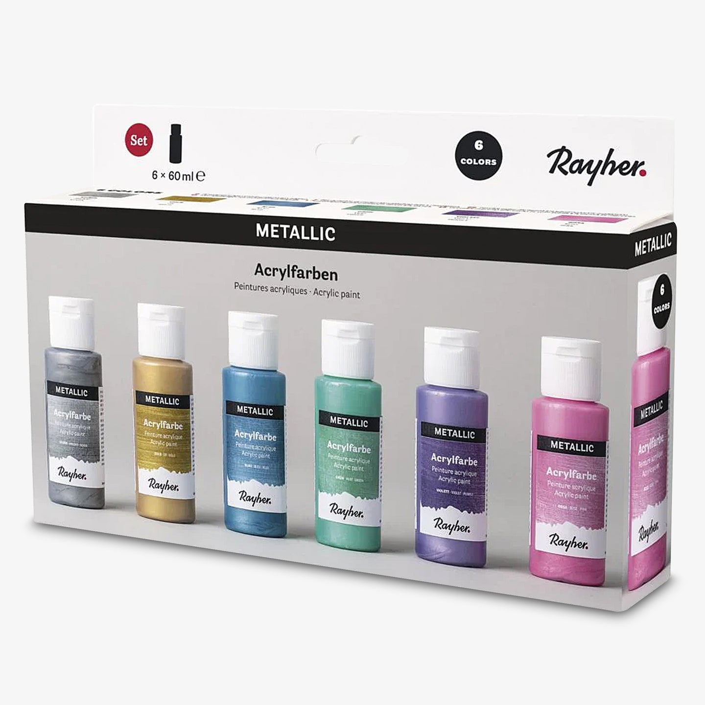 Set von 6 hochwertigen Acrylfarben in Metallic-Farben von Easy-Sticks, jeweils 60 ml, ideal für kreative Projekte und Kunstwerke.
