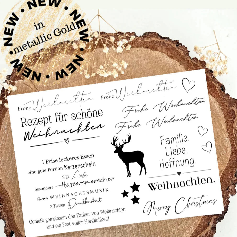 Weiße Weihnachtsaufkleber Rub On UV Sticker Randlos A5 von easy-sticks, verz decorated mit festlichen Texten und einem Rentier, abgebildet auf schönem Holzuntergrund.