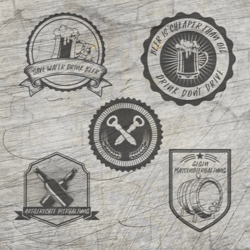 Digitale Vorlage des Bier Sets von easy-sticks: Fünf verschiedene Motivdesigns für Untersetzer, die humorvolle Biersprüche in einem rustikalen Look präsentieren.