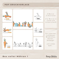 Bunte und schwarz/weiße PDF-Druckvorlage für Laternen und Lichtboxen von Easy-Sticks mit verschiedenen österlichen Motiven, darunter Hasen und Möhren. Ideal für kreative DIY-Projekte zu Ostern, Teil der Kollektion "Volle Möhre 1 - 4 Motive".