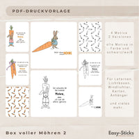 PDF Druckvorlage Volle Möhre 2 von easy-sticks, zeigt 4 kreative Motive für Osterlaternen in farbiger und schwarz/weißer Variante, geeignet für DIY Projekte zu Ostern.