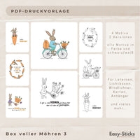 Bunte und schwarz/weiße PDF Druckvorlagen für Laternen und Lichtboxen mit Oster-Motiven von Easy-Sticks. Enthält 4 fröhliche Designs, darunter ein Hase auf einem Fahrrad und kreative Sprüche zu Ostern, perfekt für Bastelprojekte.