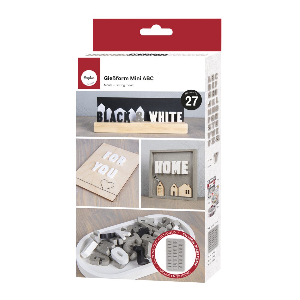 Silikon Gießform Mini ABC von easy-sticks mit 27 einzelnen Buchstabenformen, ideal für kreative Deko-Accessoires wie personalisierte Namen und Wörter.