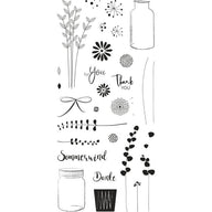 Transparente Stempel von easy-sticks mit botanischen Motiven, Blumen, Vasen und Schriftzügen für kreative Bastelprojekte - Stempelset 'Botanical'.