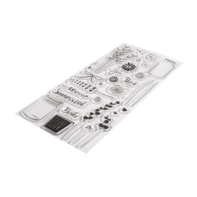 Ansicht der klaren Stempel von easy-sticks, die Blumen und Vasen zeigen, ideal für Scrapbooking und Bastelarbeiten - Stempelset 'Botanical'.