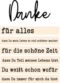 Sprüche für deinen "Danke" Acryl Aufsteller von easy-sticks: Kreative Dankessprüche in eleganter Schriftart auf einem Acryl Hintergrund, ideal zum Plotten und Lasern.