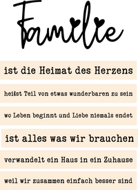 Kreativer Acryl Aufsteller mit dem Schriftzug 'Familie', versehen mit romantischen Sprüchen, von easy-sticks. Perfekt zum Plotten und Lasern für persönliche Deko.