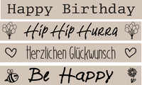 Gestaltete Schriftzüge für Geburtstagsgrüße von easy-sticks: 'Happy Birthday', 'Hip Hip Hurra', 'Herzlichen Glückwunsch', und 'Be Happy'. Perfekt für deine Designprojekte und Gravuren.
