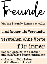 Inspirierendes Design für den "Freunde" Acryl Aufsteller von easy-sticks mit bewegenden Sprüchen, ideal zum Plotten und Lasern. Die Sprüche betonen die Bedeutung von Freundschaft und schönen Momenten.
