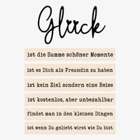 Kreatives Design für den "Glück" Acryl Aufsteller von easy-sticks, der motivierende Sprüche beinhaltet wie 'ist die Summe schöner Momente' und 'findet man in den kleinen Dingen'.