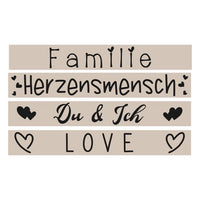Gestaltung von Plotter- & Lasergravur Dateien - Liebe mit den Worten Familie, Herzensmensch, Du & Ich und Love. Perfekt für kreative Projekte von easy-sticks.