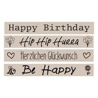 Bunte und fröhliche Schriftzüge für Geburtstagswünsche von easy-sticks: 'Happy Birthday', 'Hip Hip Hurra', 'Herzlichen Glückwunsch', und 'Be Happy'. Ideal für Plotter- und Lasergravur-Dateien.