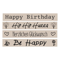 Bunte und fröhliche Schriftzüge für Geburtstagswünsche von easy-sticks: 'Happy Birthday', 'Hip Hip Hurra', 'Herzlichen Glückwunsch', und 'Be Happy'. Ideal für Plotter- und Lasergravur-Dateien.