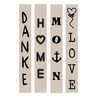 Hochkant Plotter- und Lasergravur Datei von easy-sticks mit den Worten DANKE, HOME, MOIN und LOVE in stilvollem Design.