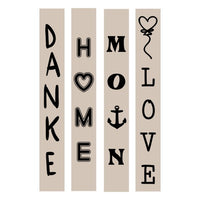 Hochkant Plotter- und Lasergravur Datei von easy-sticks mit den Worten DANKE, HOME, MOIN und LOVE in stilvollem Design.