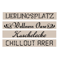 Stylische Schriftzüge mit den Begriffen 'Lieblingsplatz', 'Wellness Oase', 'Kuschelecke' und 'Chillout Area' auf einem beige Hintergrund. Ideal für DIY-Projekte mit Plotter- und Lasergravur-Dateien von easy-sticks.