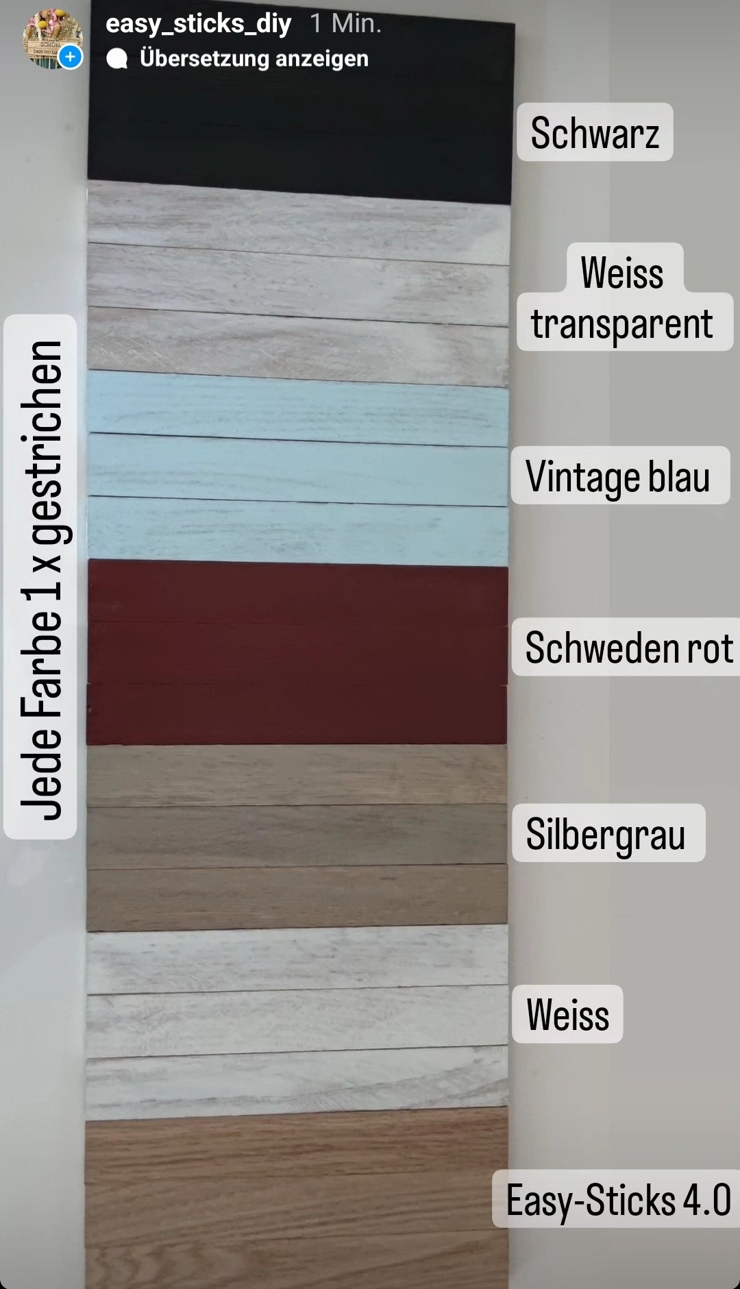 Farbauswahl für Easy-Sticks Color Holzlasur - Weiß Transparent, präsentiert auf Holzplatten in verschiedenen Farben wie Schwarz, Vintage Blau, Schweden Rot, Silbergrau und weiteren Shades. Ideal für kreative DIY-Projekte.