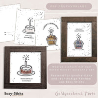 Kreative PDF Druckvorlage für Geldgeschenke von Easy-Sticks. Enthält Motive für Geburtstags- und Hochzeitsgeschenke, darunter ein Geburtstagskuchen und der Schriftzug 'Wunscherfüller für dich'.