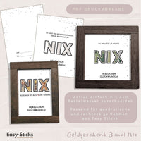 Kreative Geldgeschenk Verpackung mit PDF Druckvorlage von Easy-Sticks. Enthält verschiedene Motive mit humorvollen Sprüchen für Geldgeschenke zu Geburtstags- und Hochzeitsfeiern.