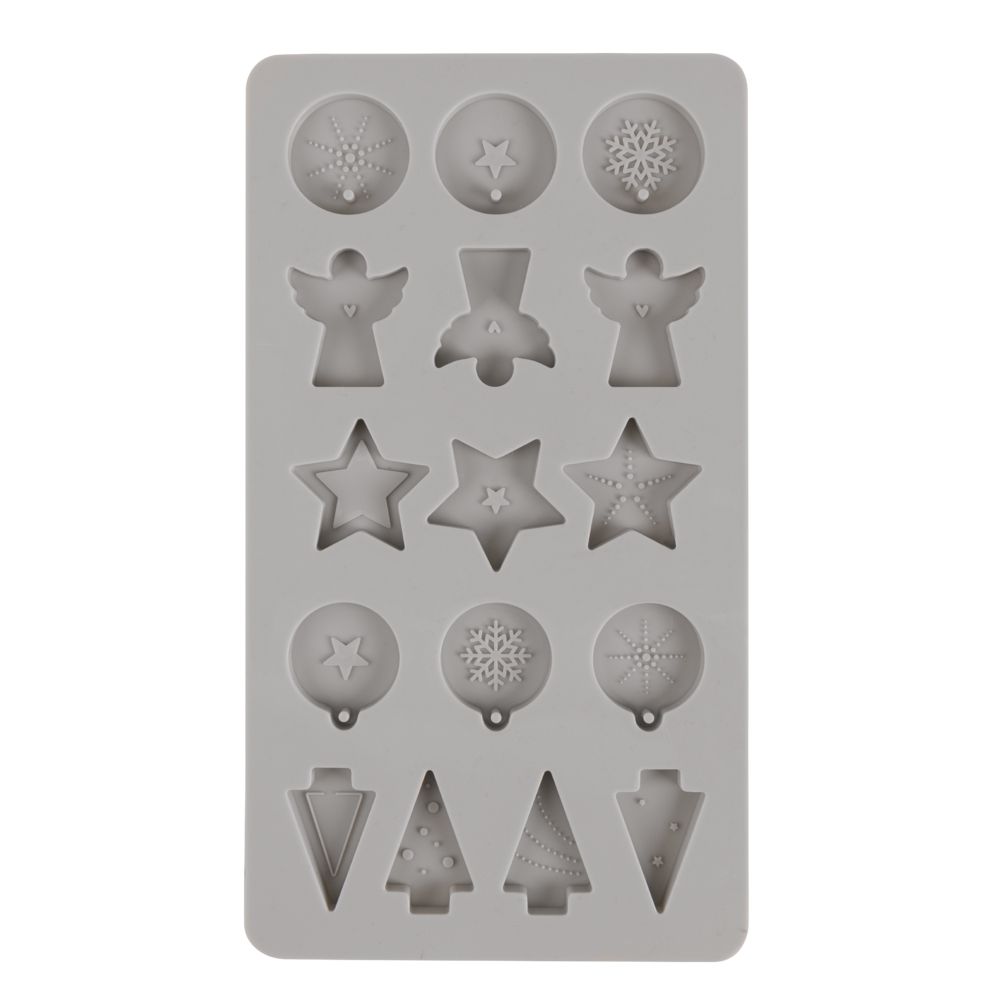 Detailaufnahme der Silikon Gießform Mini-Dekoformen Xmas von easy-sticks; zeigt die Vielfältigkeit der Motive wie Kugeln, Engel und Schneeflocken für individuelle Weihnachtsdekorationen.