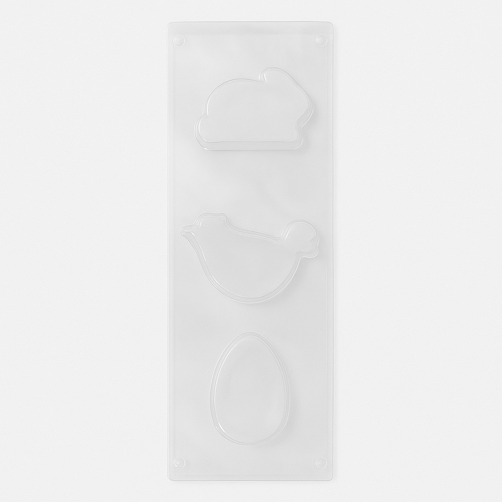 Silikonform von Easy-Sticks mit Motiven von Huhn, Hase und Ei. Ideal für kreative Backprojekte und kulinarische Leckereien. Perfekt für jede Jahreszeit.